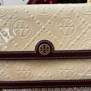 Tory Burch Cream and Brown Embossed Patent Shoulder Bag